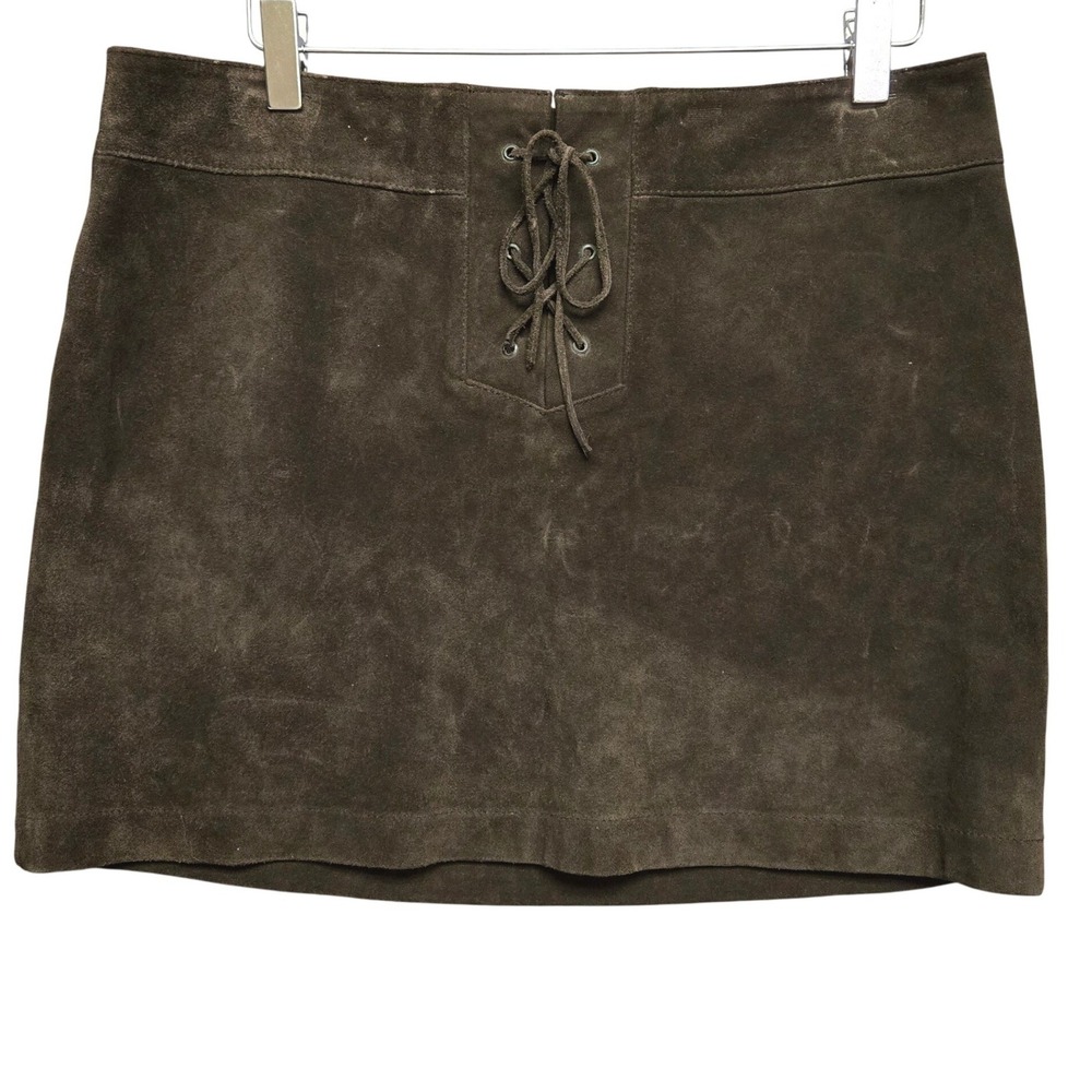 Vintage Suede Leather Mini Skirt 10 Brown Lace Up Front Festival Coachella